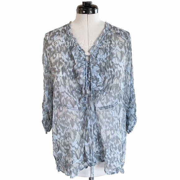CHAN LUU Blue & Gray Sheer Viscose Blouse + Beaded Embellishments | Size M - Picture 1 of 14